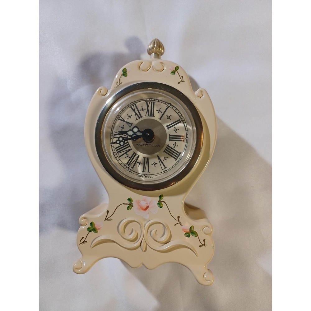 Westclox Beige Floral Table Alarm Clock Mechanical Wind Up Vintage 15174 USA
